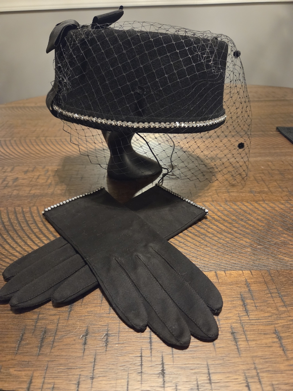 Vintage Veiled Pillbox Hat with Rhinestone Trim and Matching Gloves